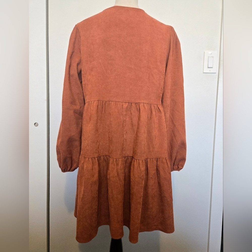 NWT Medium Cupshe Burnt Orange Brown Bernadette V-Neck Tiered Mini Dress - Picture 6 of 9